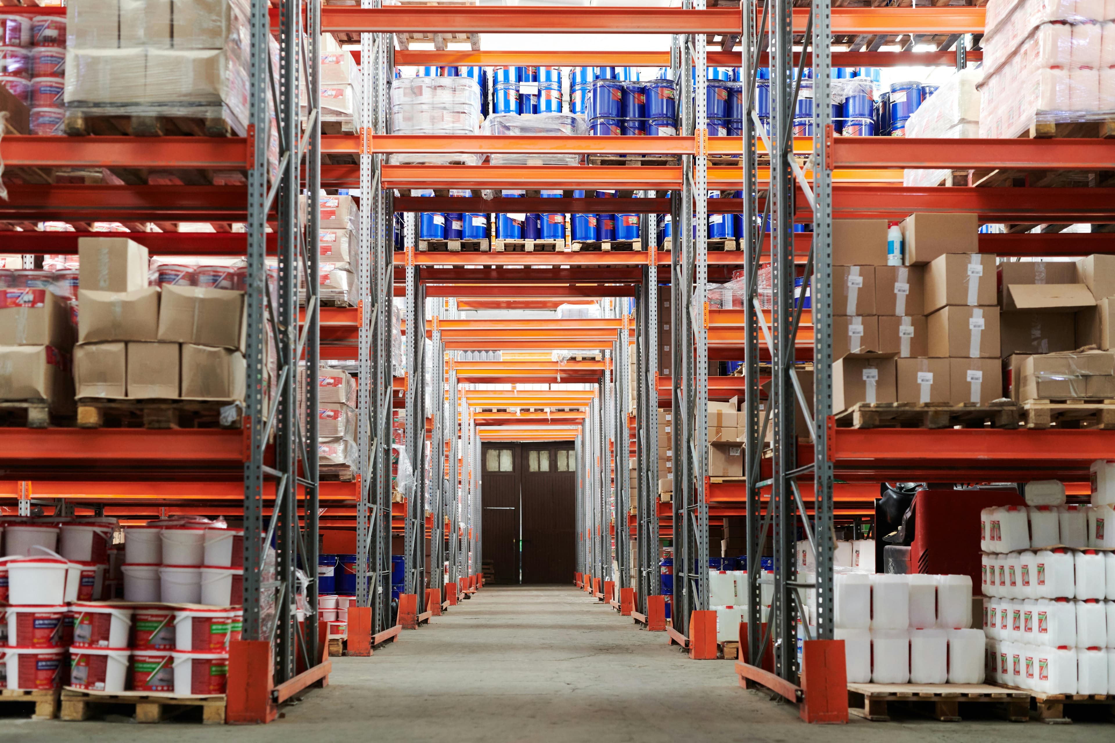 Warehouse with stocked industrial shelving